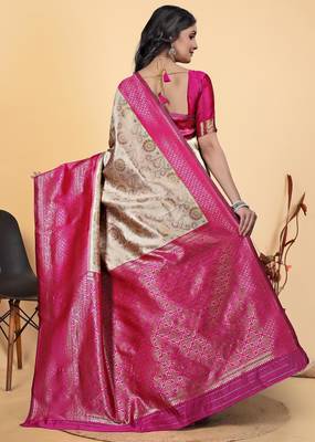 off white-pink silk blend zari woven saree with blouse 4