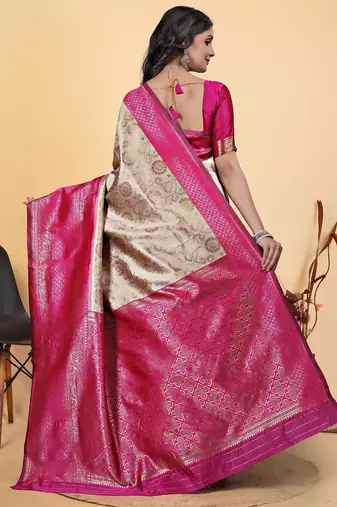off white-pink silk blend zari woven saree with blouse