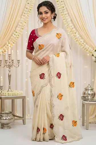 off white silk blend embroidered & mirror work saree with blouse