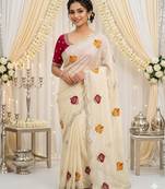 off white silk blend embroidered & mirror work saree with blouse