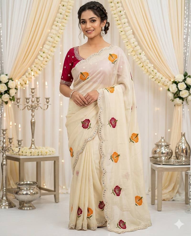off white silk blend embroidered & mirror work saree with blouse