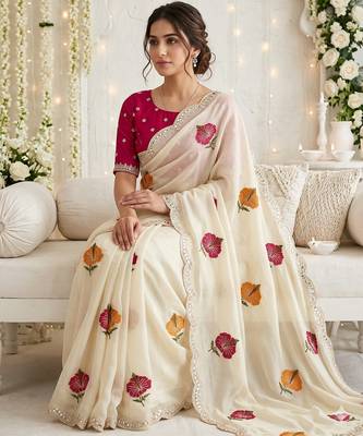 off white silk blend embroidered & mirror work saree with blouse 2