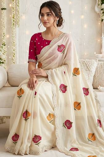 off white silk blend embroidered & mirror work saree with blouse