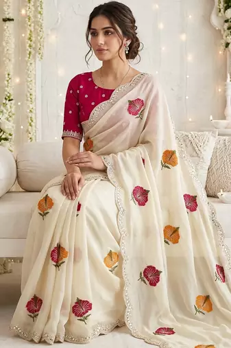 off white silk blend embroidered & mirror work saree with blouse