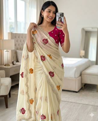 off white silk blend embroidered & mirror work saree with blouse 3