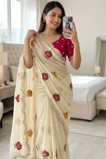 off white silk blend embroidered & mirror work saree with blouse