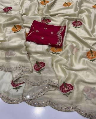 off white silk blend embroidered & mirror work saree with blouse 4