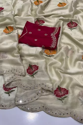 off white silk blend embroidered & mirror work saree with blouse