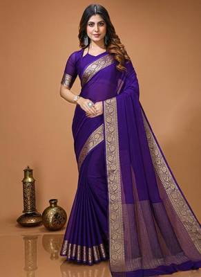 blue chinnon silk blend plain woven border saree with blouse 1