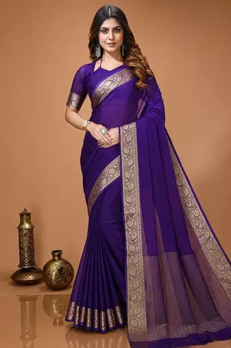 blue chinnon silk blend plain woven border saree with blouse