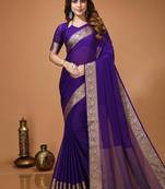 blue chinnon silk blend plain woven border saree with blouse