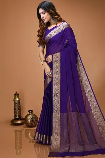 blue chinnon silk blend plain woven border saree with blouse