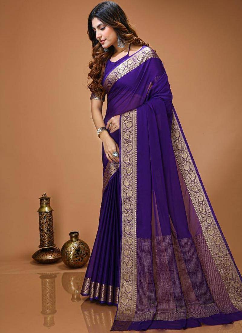 blue chinnon silk blend plain woven border saree with blouse