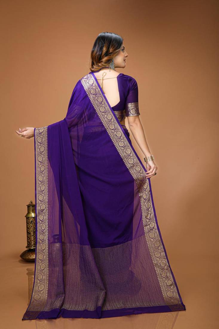 blue chinnon silk blend plain woven border saree with blouse