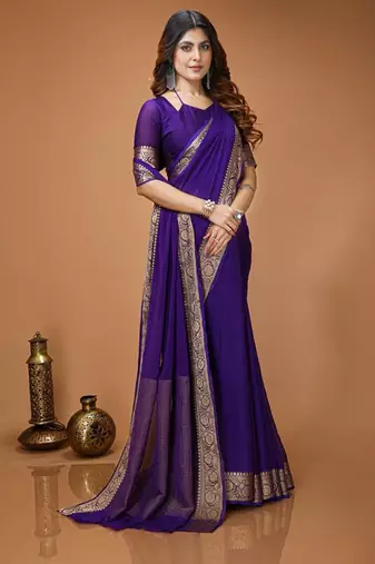 blue chinnon silk blend plain woven border saree with blouse