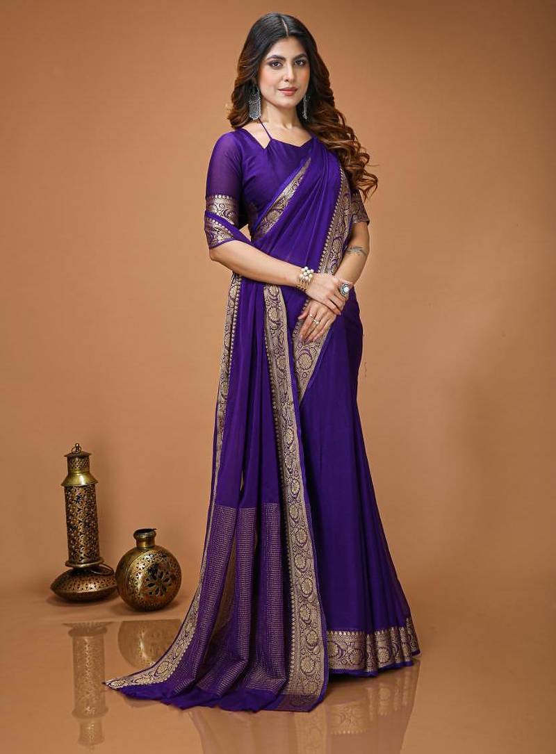 blue chinnon silk blend plain woven border saree with blouse