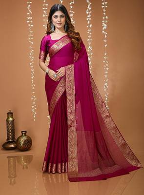 magenta chinnon silk blend plain woven border saree with blouse 1