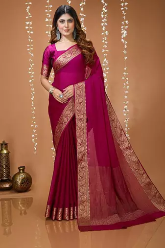 magenta chinnon silk blend plain woven border saree with blouse