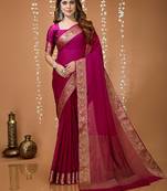 magenta chinnon silk blend plain woven border saree with blouse