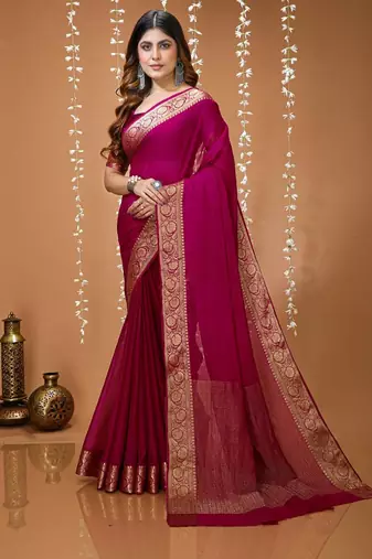 magenta chinnon silk blend plain woven border saree with blouse
