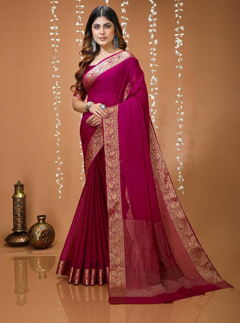 magenta chinnon silk blend plain woven border saree with blouse
