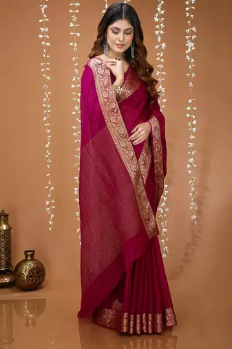 magenta chinnon silk blend plain woven border saree with blouse
