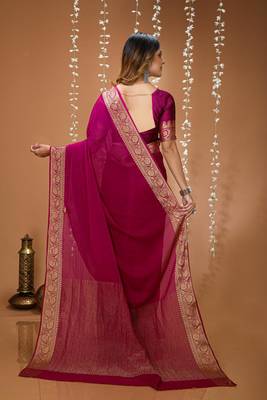 magenta chinnon silk blend plain woven border saree with blouse 4