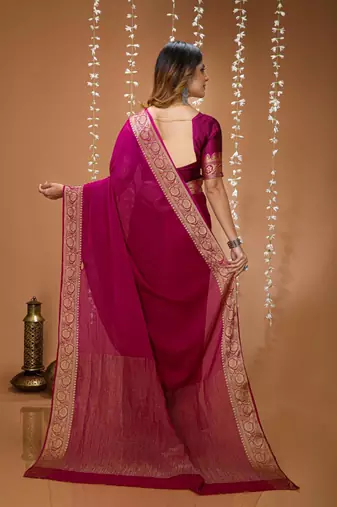 magenta chinnon silk blend plain woven border saree with blouse
