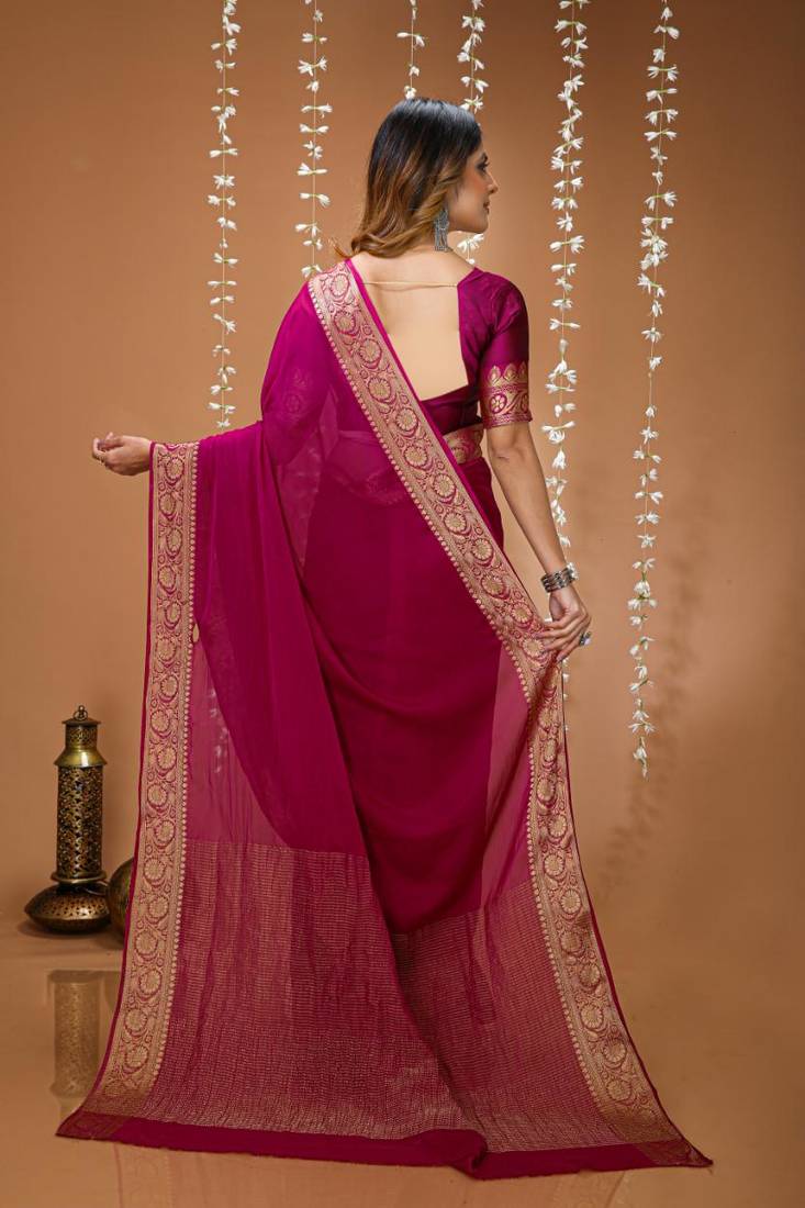 magenta chinnon silk blend plain woven border saree with blouse