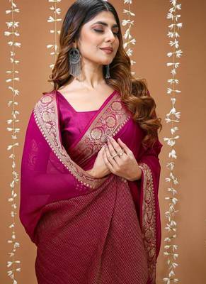 magenta chinnon silk blend plain woven border saree with blouse 5