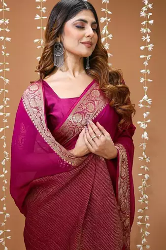 magenta chinnon silk blend plain woven border saree with blouse