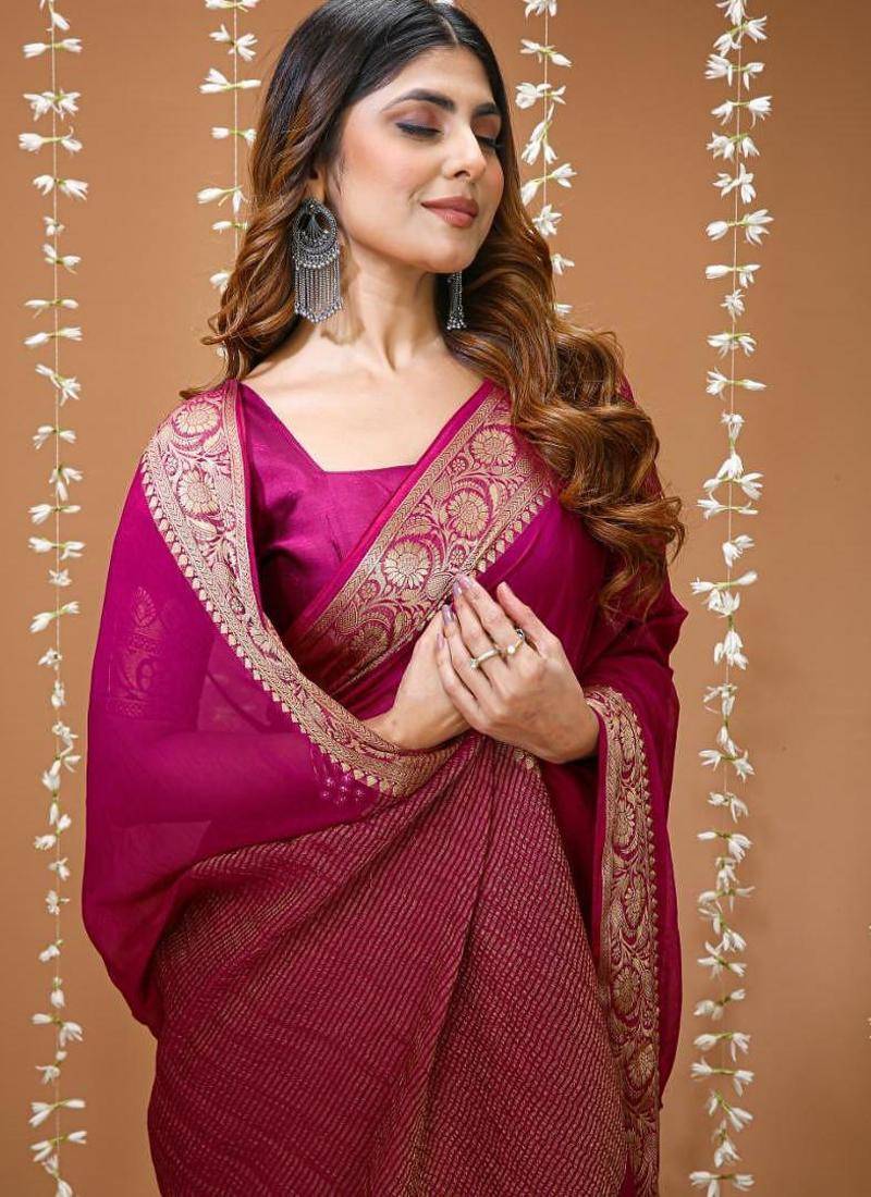 magenta chinnon silk blend plain woven border saree with blouse