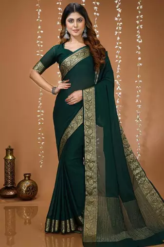 green chinnon silk blend plain woven border saree with blouse