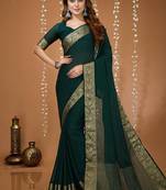 green chinnon silk blend plain woven border saree with blouse