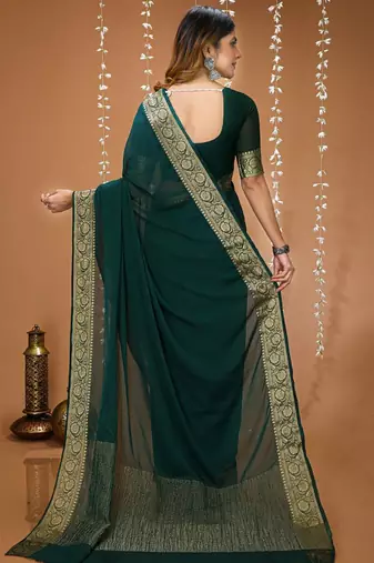 green chinnon silk blend plain woven border saree with blouse