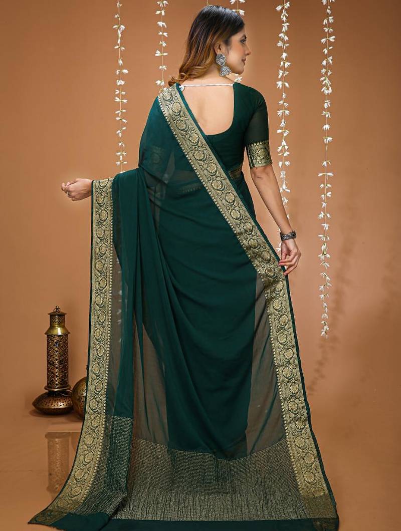 green chinnon silk blend plain woven border saree with blouse