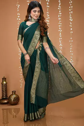 green chinnon silk blend plain woven border saree with blouse