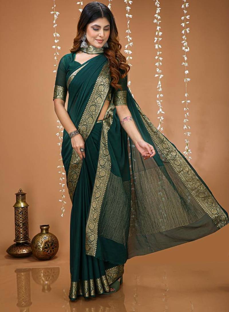 green chinnon silk blend plain woven border saree with blouse