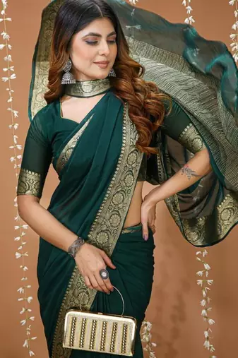 green chinnon silk blend plain woven border saree with blouse