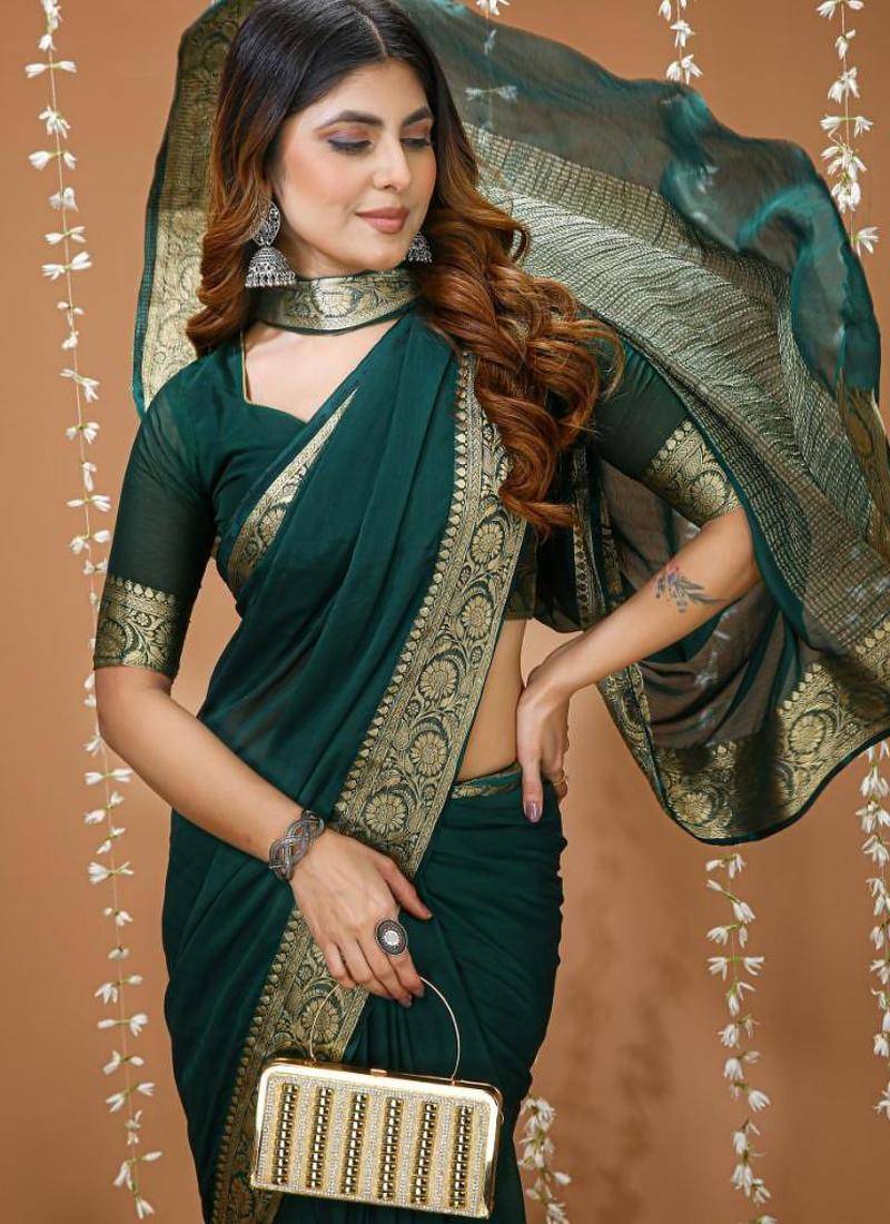 green chinnon silk blend plain woven border saree with blouse
