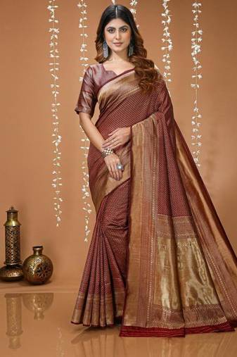 coffee silk blend zari woven women's saree with blouse