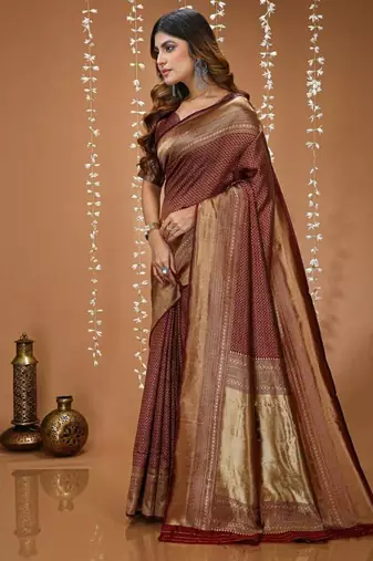 coffee silk blend zari woven women's saree with blouse
