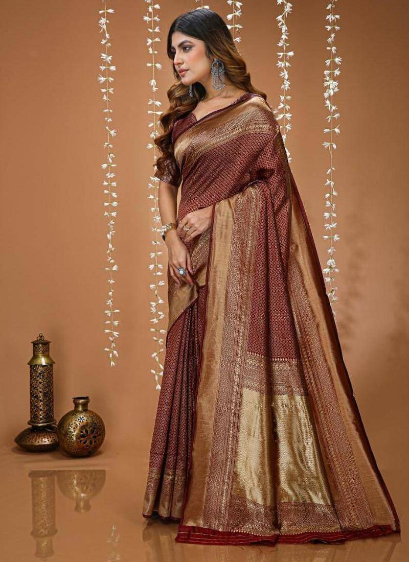 coffee silk blend zari woven women's saree with blouse