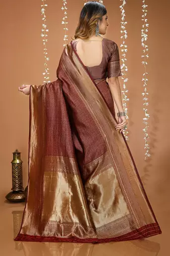 coffee silk blend zari woven women's saree with blouse