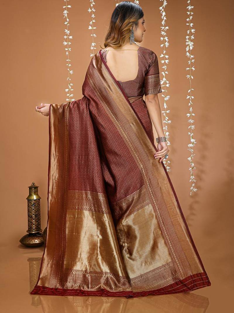 coffee silk blend zari woven women's saree with blouse