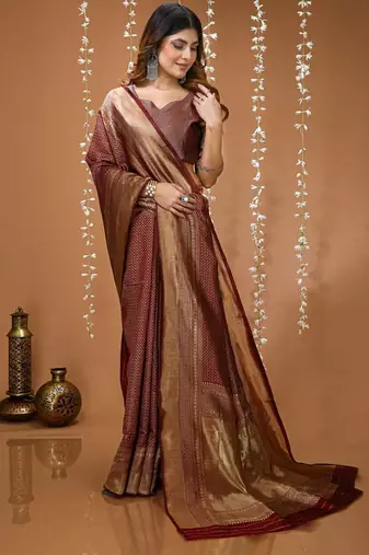 coffee silk blend zari woven women's saree with blouse