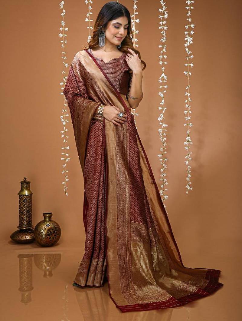 coffee silk blend zari woven women's saree with blouse