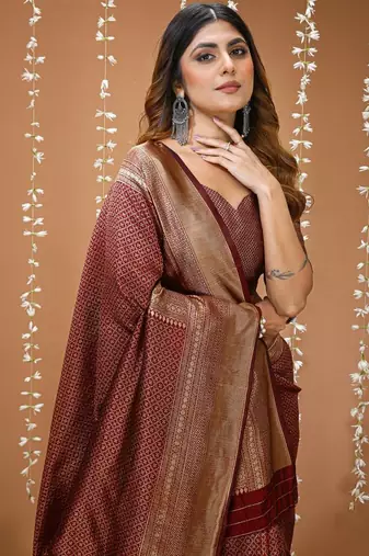 coffee silk blend zari woven women's saree with blouse