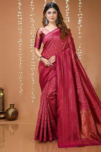 megenta silk blend zari woven women's saree with blouse