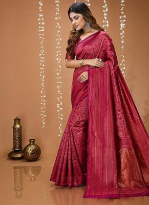megenta silk blend zari woven women's saree with blouse 2